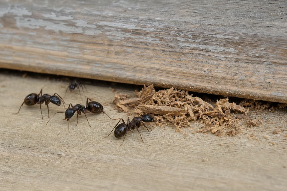 Editorial illustration of coarse wood frass associated with carpenter ant nesting, not a documented job photo