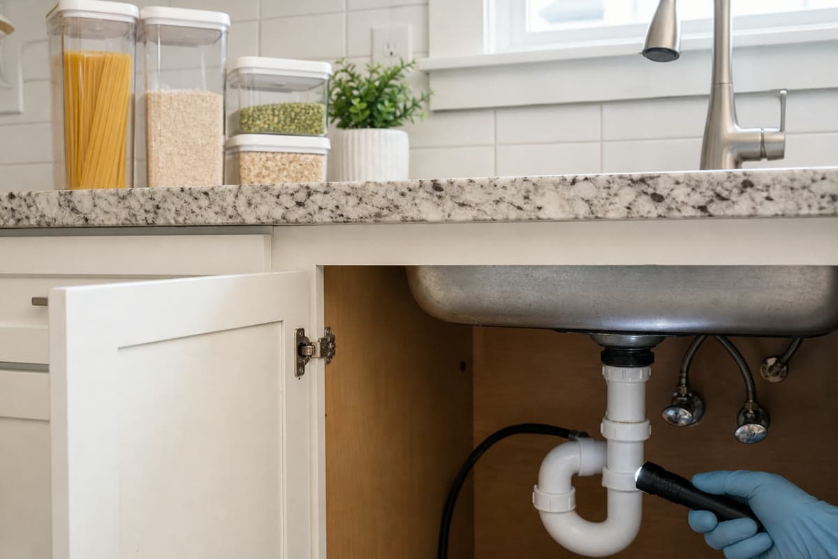 Editorial illustration of a kitchen moisture check near cabinets where ant trails often appear